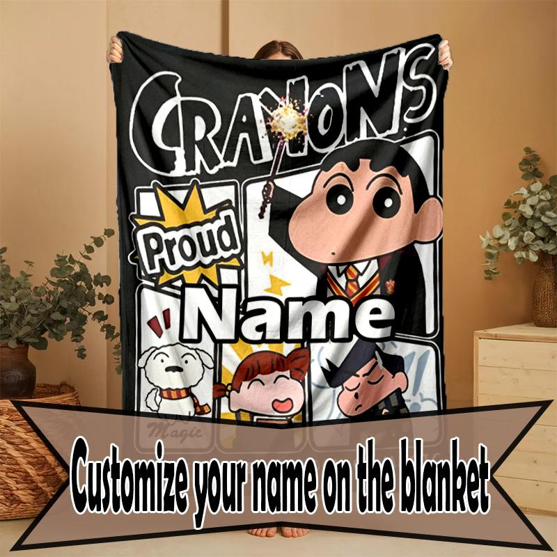 Custom Name Personalized Crayon Shin Print Blanket, Home Decor, Bedroom, Sofa, Camping, Couch, Gifts for Birthday Christmas