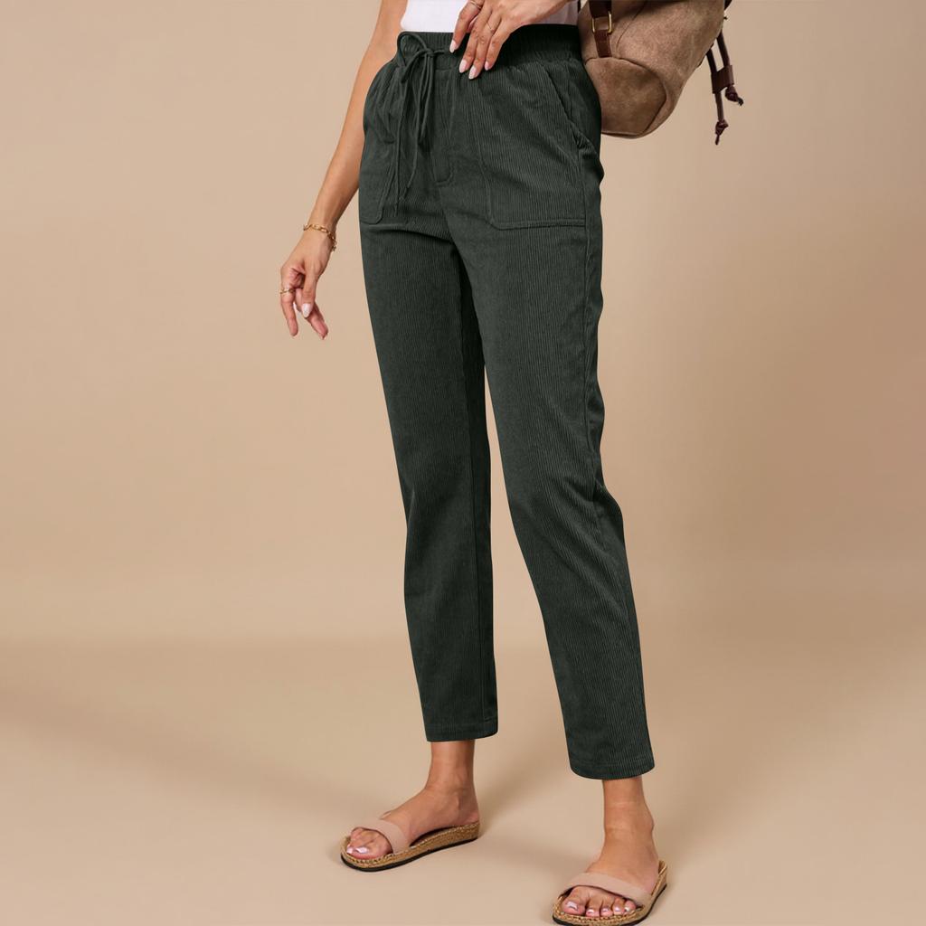 Corduroy Pants For Women Casual Drawstring Elastic High Waist Straight Leg Pants Loose Comfy Trousers With Pockets