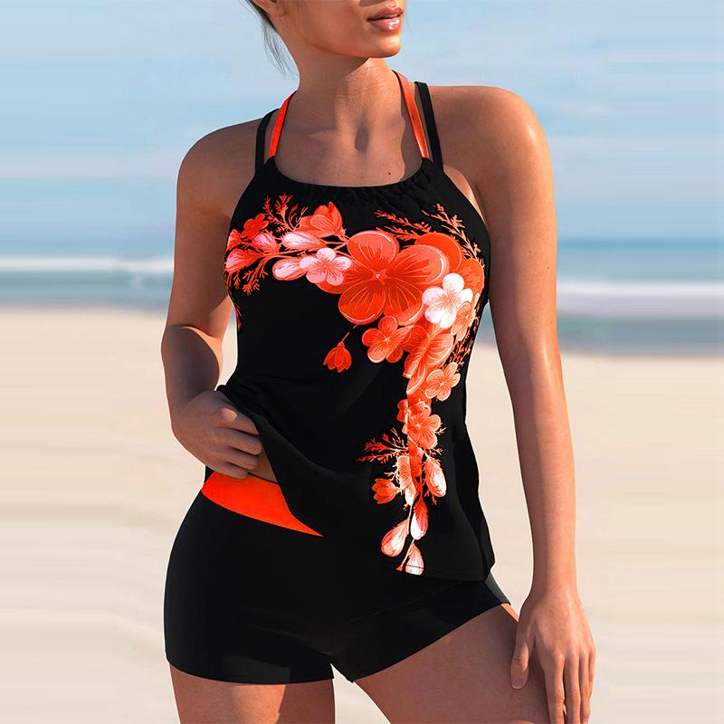 Women Bikini Two Piece Swimsuit Floral Print Cross Strap Halter Tankini Plus Size Set