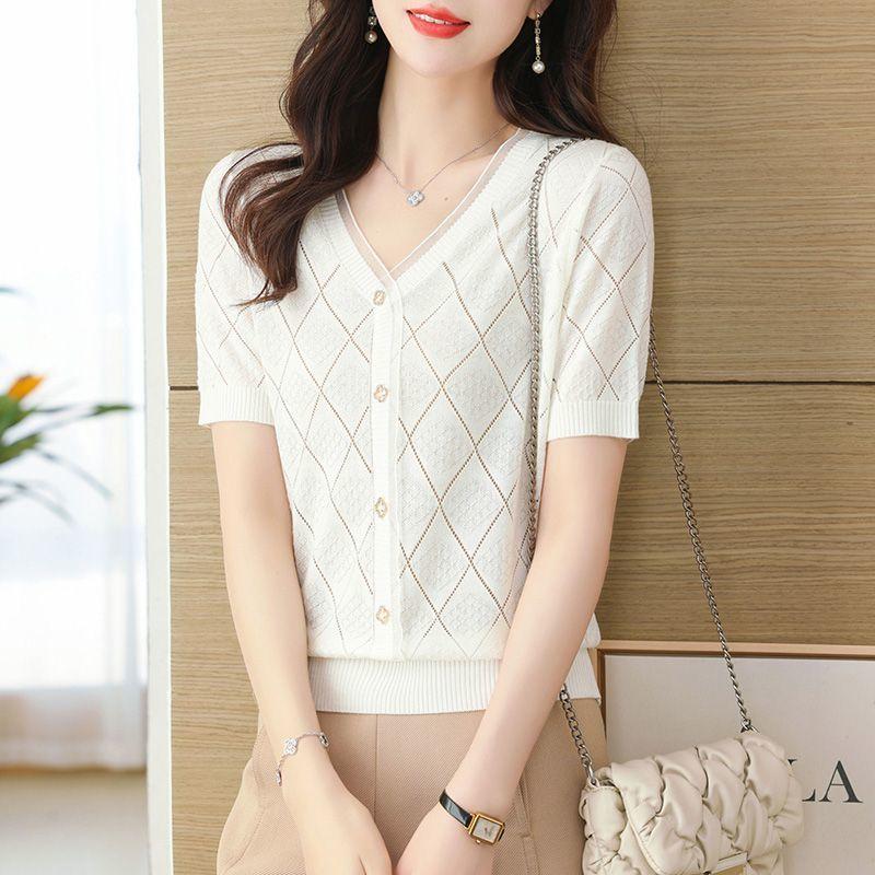 Летняя трикотажная футболка с V-образным вырезом для женщин, вязаный свитер из ледяного шелка, свободный и тонкий короткий топ