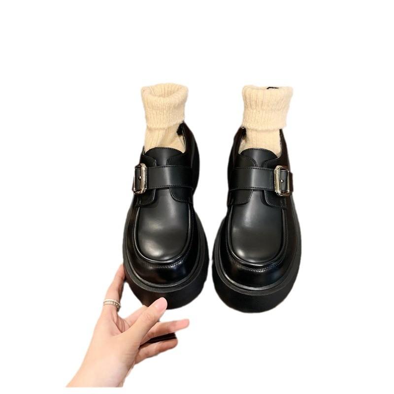 Виноградная студия lee круглый носок металлическая пряжка ремешок на утолщенном каблуке толстая подошва лоферы маленькие кожаные туфли женские весна и осень