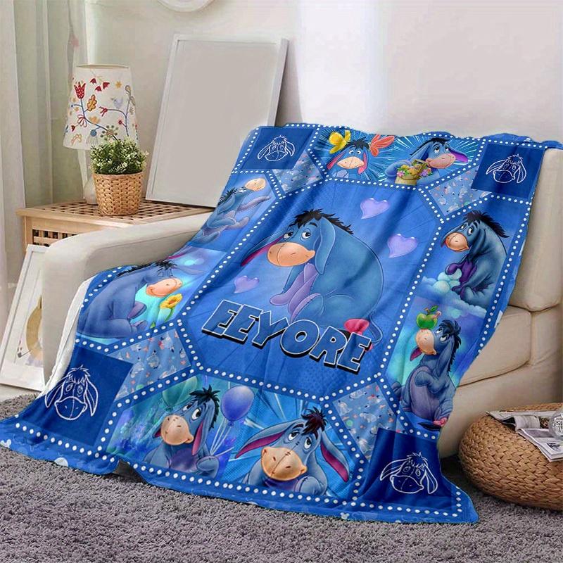 1pc. Eeyore Cartoon Quilt Blanket for Home Decor, Seasonal Use, Gift Idea, Blue Background with Hearts and Flowers Design,Soft Flannel Throw