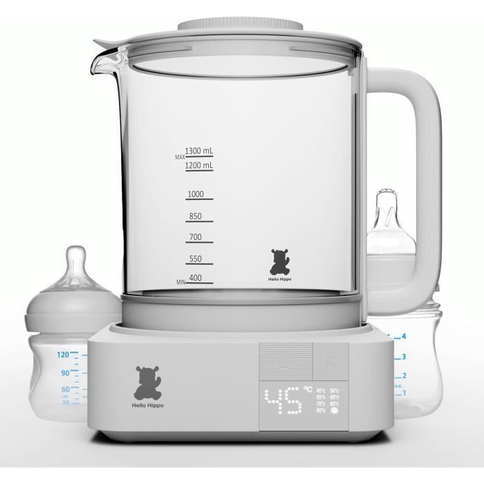 HELLO HIPPO® Bouilloire intelligente - chauffe biberon - 1300 mL en verre - 800W basse consommation - Stérilisateur