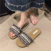 Fashion Hot Selling Summer Fashionable Sexy Light Casual Women's Shoe Comfortable Square Head Pearl Decoration Solid Color Flat Slippers