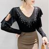 High Quality Spring Autumn Women Blue Black Mesh Inlaid Diamonds Ruffles TShirt Fashion Long Sleeve Slim Tops Sexy V-neck Casual Tees