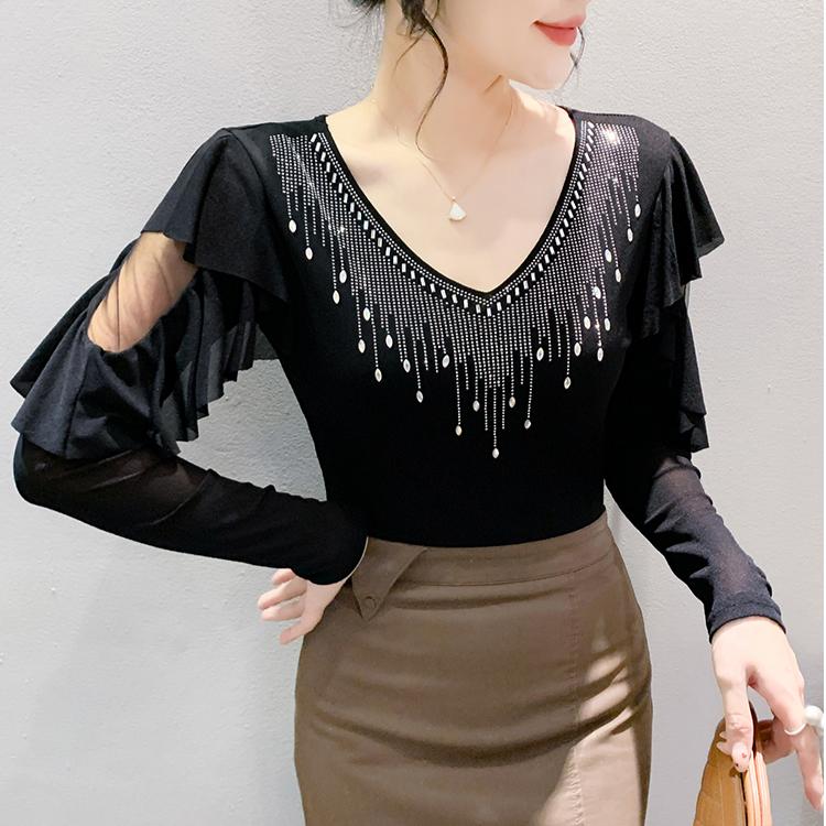 High Quality Spring Autumn Women Blue Black Mesh Inlaid Diamonds Ruffles TShirt Fashion Long Sleeve Slim Tops Sexy V-neck Casual Tees