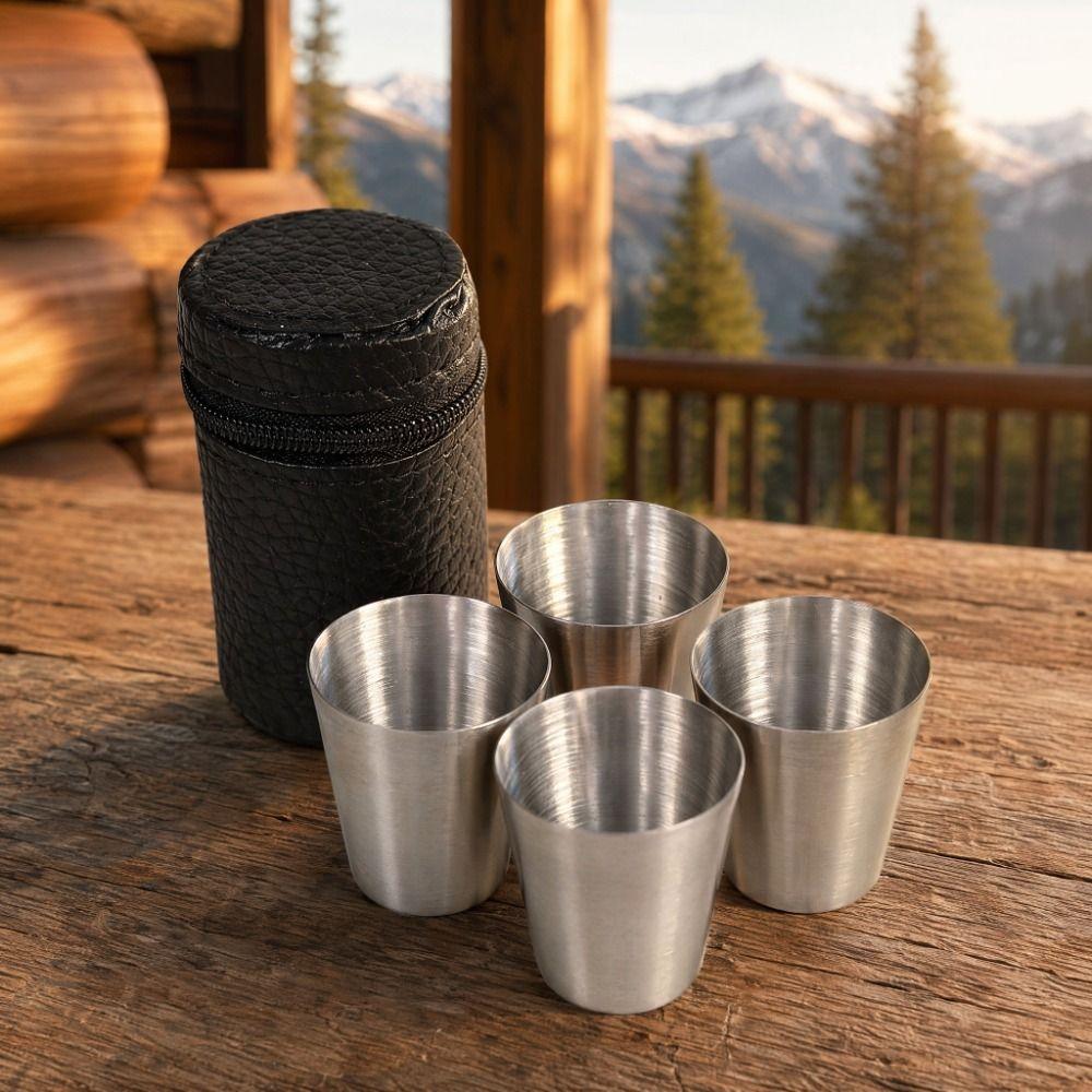 4pcs Stainless Steel Portable Tea Cup Black PU-Leather Case Whiskey Tumbler Cups Travel Use