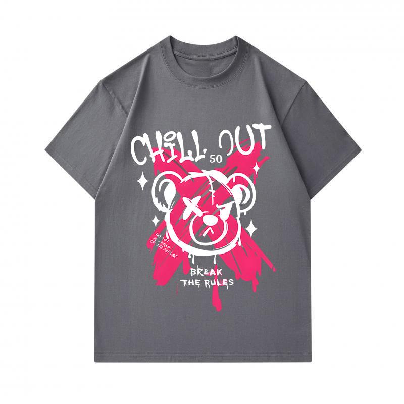 Men's 100% Cotton Crew Neck Short Sleeve T-Shirt, Casual Graffiti Angry Bear Print CHILL OUT BREAK THE RULES Pattern Comfy Daily Streetwear Tee for Me