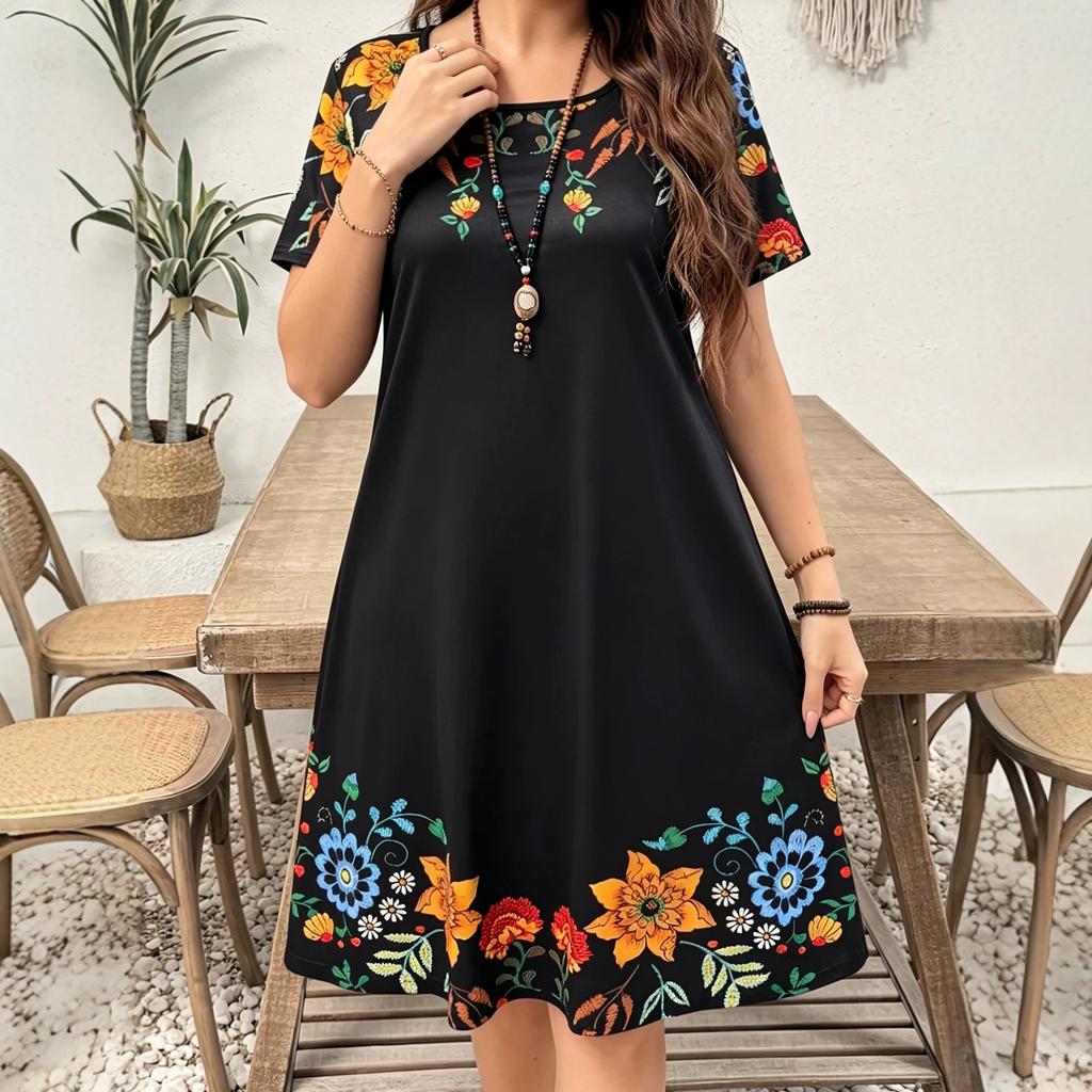 Европа, Америка, платье с цветочным принтом большого размера, модное и элегантное платье с круглым вырезом и короткими рукавами, женское тонкое платье большого размера