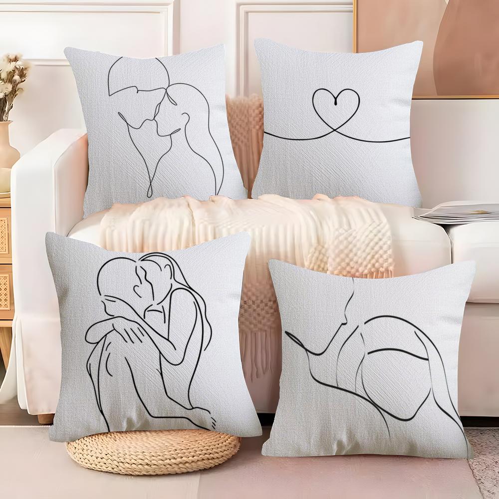 Black White Couple Line Cushion Cover Soft Plush Fabric DoubleSided Printed Sofa Cushion Cover for All Seasons Home Decor Gift