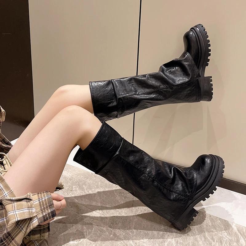 Womens Winter New Fashion Round Toe Designer Vintage Motorcycle Bootsoutdoor Slip-on Party Dress Womens High Boots Plus Size
