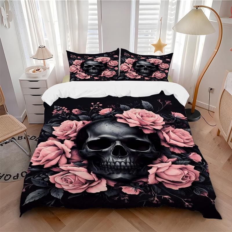3pcs Skull in Bloom Bedding Set - 1 Soft Quilt Cover + 2 Pillowcases, Machine Washable - Suitable for All Seasons, Perfect Gift for Family and Fr