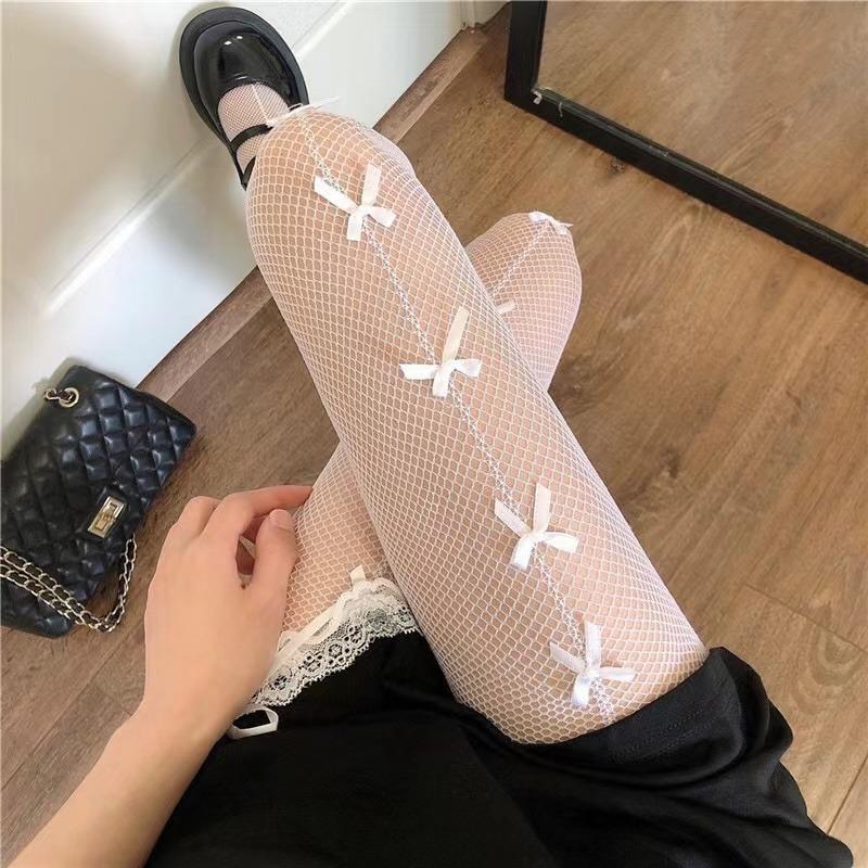 1 Pair of Black Women's Vertical Single Row Butterfly Mesh Socks, Women's Pantyhose Lolita Dark Style Mesh Socks, Bow Pantyhose