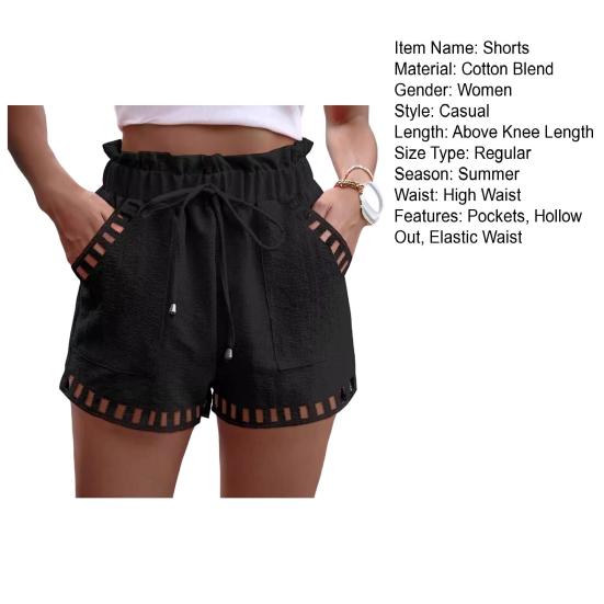 Women Summer Shorts Elastic Waist Shirring Edge Hollow Out Side Pockets Solid Color Loose Above Knee Length Casual Sport Daily Mini Shorts EMA