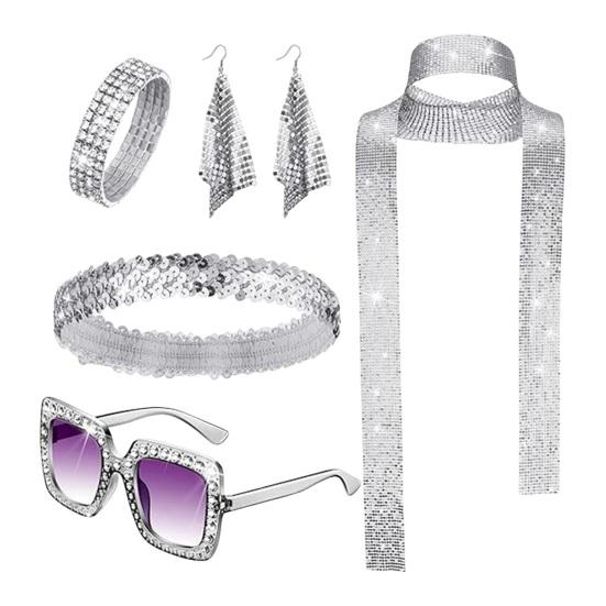 5 Pcs/Set Women Jewelry Set Sequin Rhinestone Decor Vintage 60s 70s Disco Party Favors Cosplay Earrings Sunglasses Bracelet Headband Scarf Set