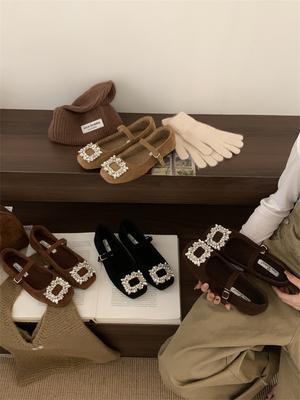 Женский темперамент Туфли Мэри Джейн женские бархатные туфли Французский вечерний бриз квадратная голова со стразами шерстяные туфли женские зимние туфли на плоской подошве