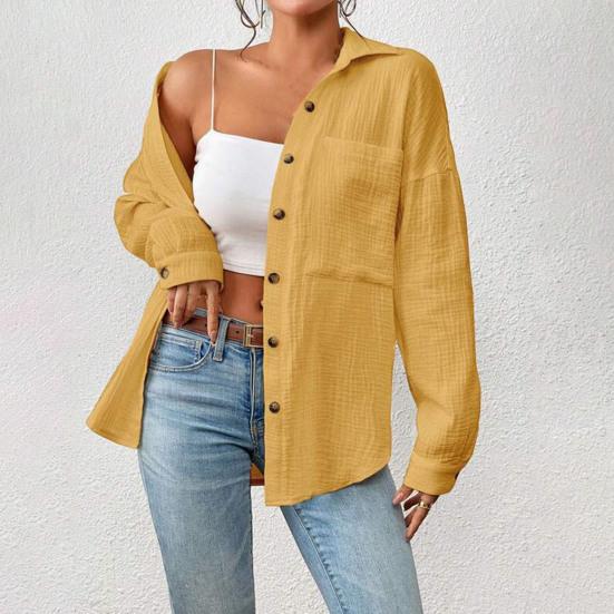 Women Casual Shirt Lapel Long Sleeve Button Down Casual Top with Patch Pocket Solid Color Loose Fit Blouse Work Leisure Daily Wear