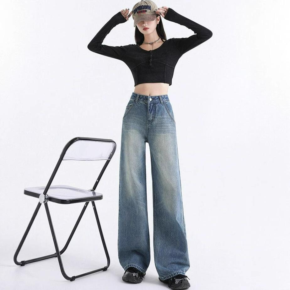 Удобные джинсы с широкими штанинами с эффектом стирки, женские, с высокой посадкой, больших размеров, состаренные, свободные, прямые, длинные брюки, джинсы для женщин, длинные джинсовые брюки