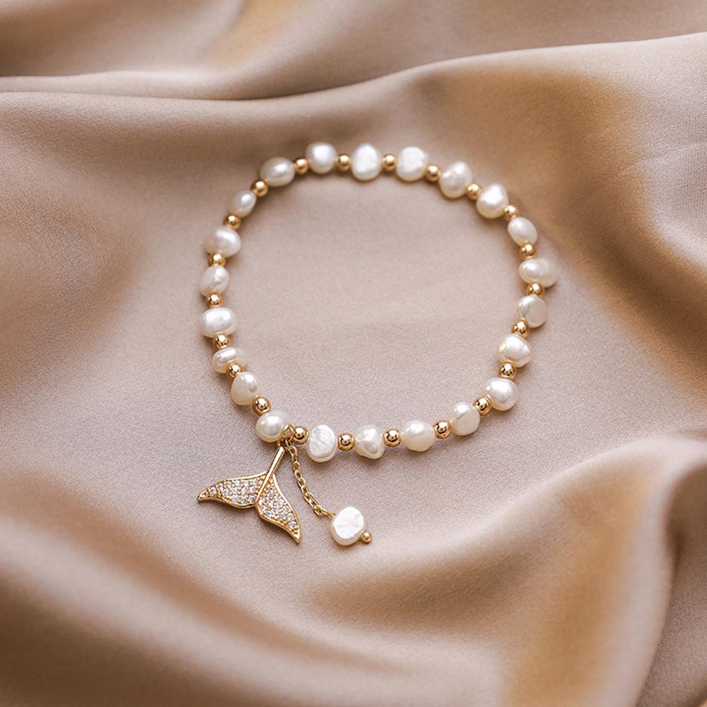 Fashion Jewelry Women Temperament Crystal Pendant Whale Fishtail Bracelets Beads Pearl Bangles