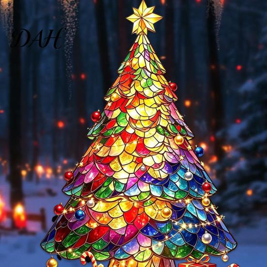 Xmas Tree Wall Stickers Stained Glass Style Christmas Window Stickers, Removable PVC Static Cling Decals for Reusable Holiday Film Home Decor,