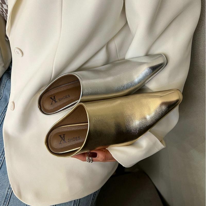 Fashion Half Slipper Women Soft Leather Small Square Wedge High Heels Fashion Wear Lazy Mugler Shoes