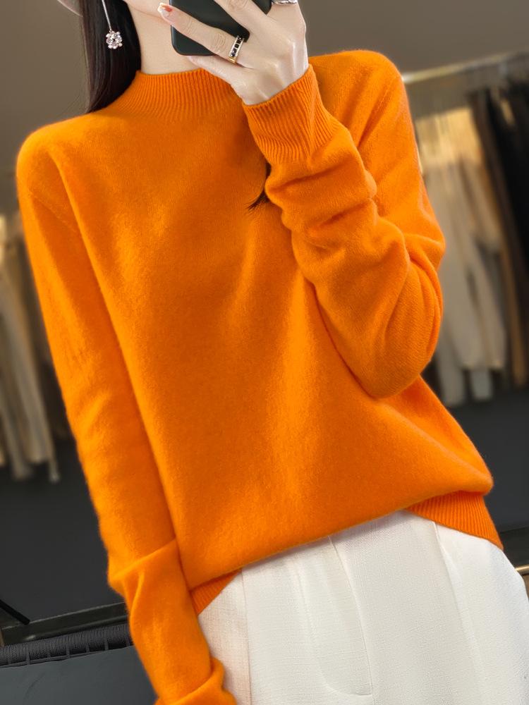Women's Half-High Neck Wool Sweater Pullover - Loose Fit, Autumn/Winter Knitwear