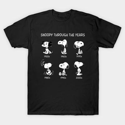 Азиатский размер Мужская черная футболка с принтом Snoopy Through The Years Печать методом термопереноса без вырезания Хлопковая футболка