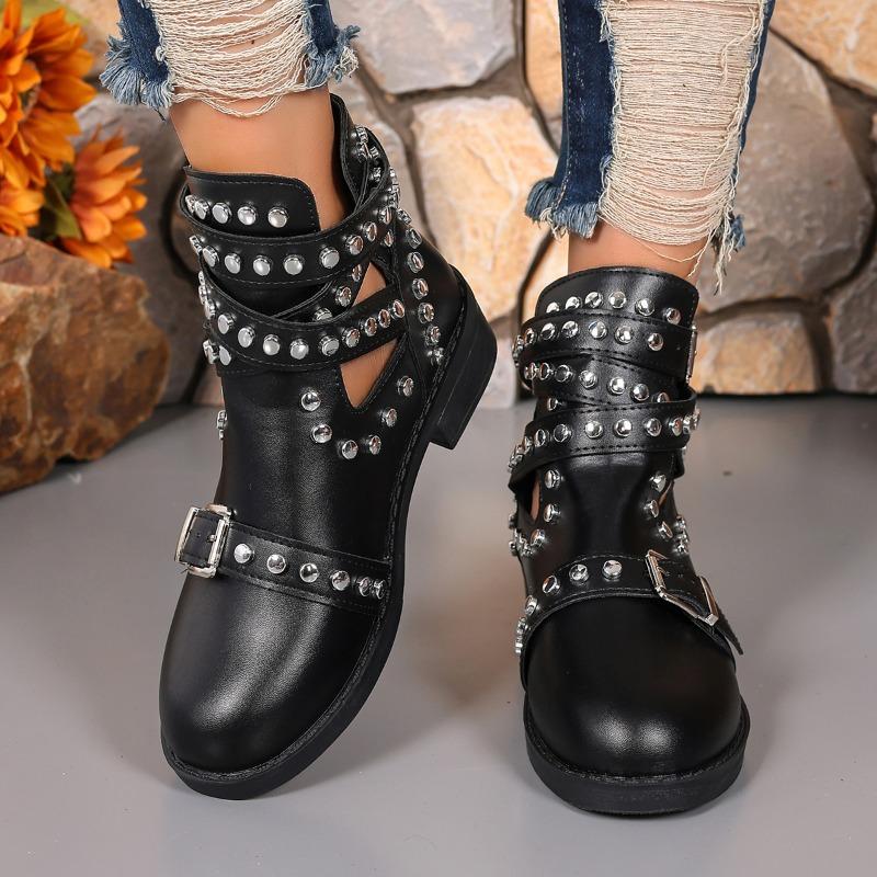 Fashion Women's Ankle Boots Studded T-Band Punk Gothic Shoes Metal Buckle Women's Chunky Heels Female Party Evening Shoes