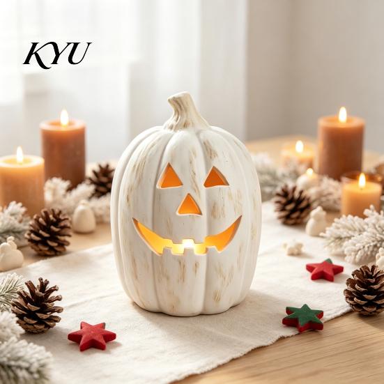 Spooky Season Party Props Halloween Pumpkin Candle Holder, Resin Lantern Tealight Holder with Glowing for Kids Carved Face Fall Farmhouse Table Mantle