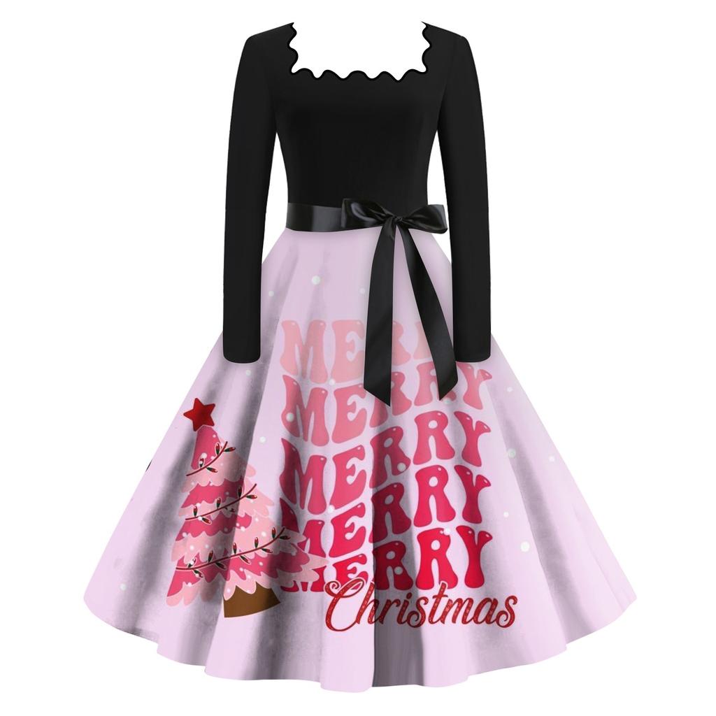 Женские повседневные модные платья с длинными рукавами и рождественским принтом с квадратным вырезом в винтажном стиле