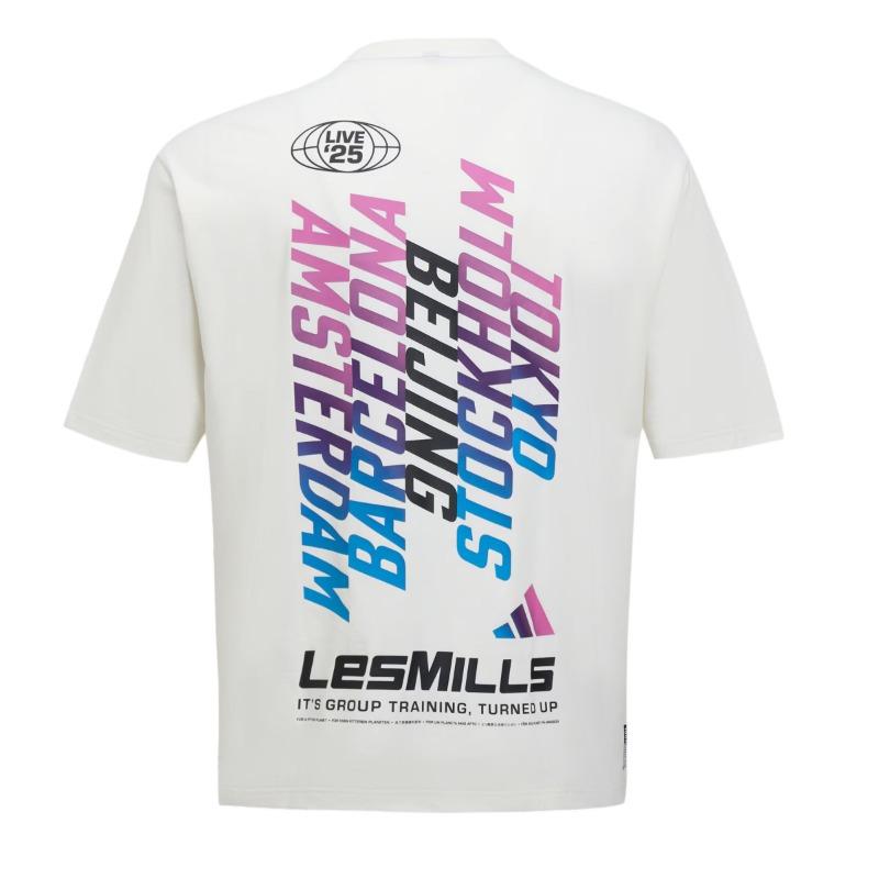 adidas × Мужская/Женская футболка Les Mills с принтом в виде букв, с круглым вырезом, свободного кроя, с коротким рукавом, цвет Облачно-белый KF8844