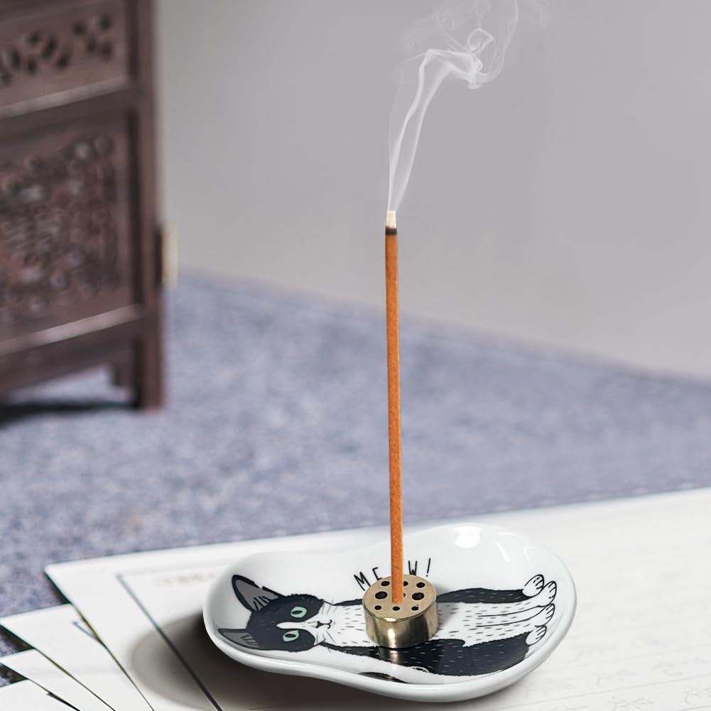 Подставка для благовоний Umora, Тарелка с кошачьим узором, Симпатичный декор для интерьера, Аромалампа для успокаивающих ароматов, Подарок для прихожей, Длина 10 см, Включает кисточку (Черное и белое