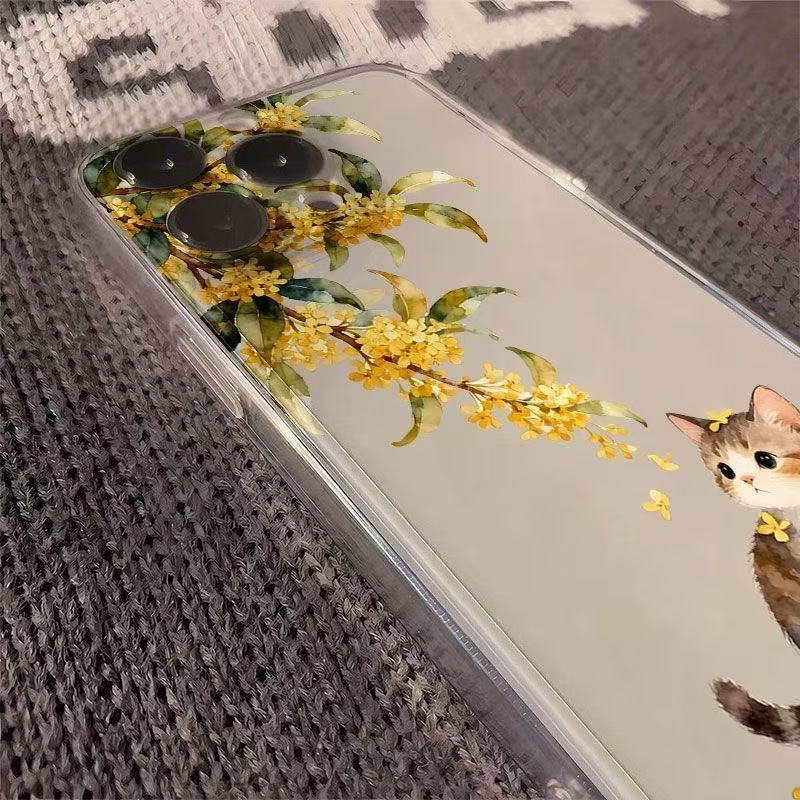 Чехол для iPhone с османтусом и кошкой: Совместимо с iPhone 13, 14, 15 Pro, 16 Pro Max. Защита от падений, Полное покрытие.