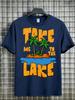 Unisex Navy Tee Tropical Island Palm Lake Text Print Short Sleeve Summer Vacation Cotton Casual Male Outdoor Daily Street Outfit
