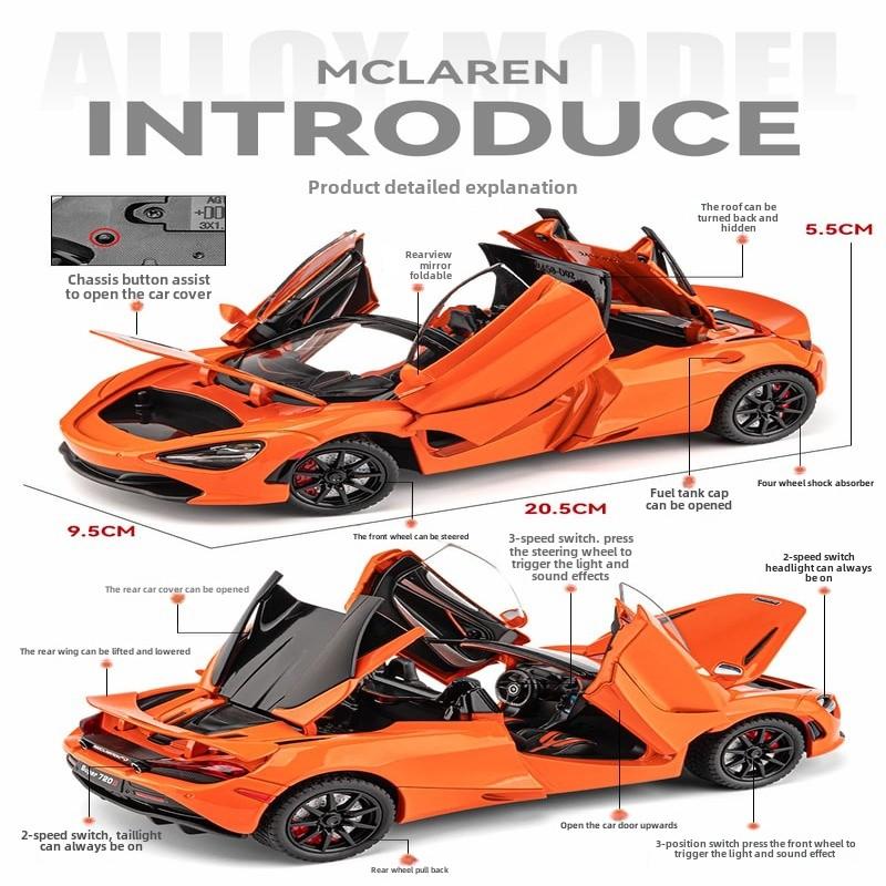 1:24 гоночных автомобиля McLaren 720S из легкого сплава, литая металлическая модель спортивного автомобиля, имитация звука и света, коллекция украшений, детские игрушки, подарок для мальчиков