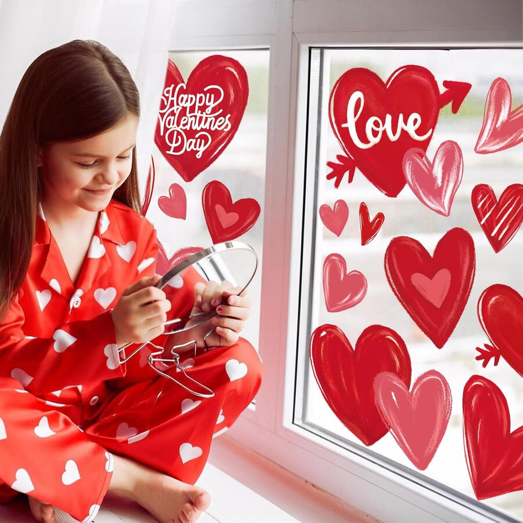 Whaline 9 Sheet Valentine's Day Heart Window Clings Red Pink Love Heart Reble Window Decals for Wedding Anniversary Home Office Classroom Window