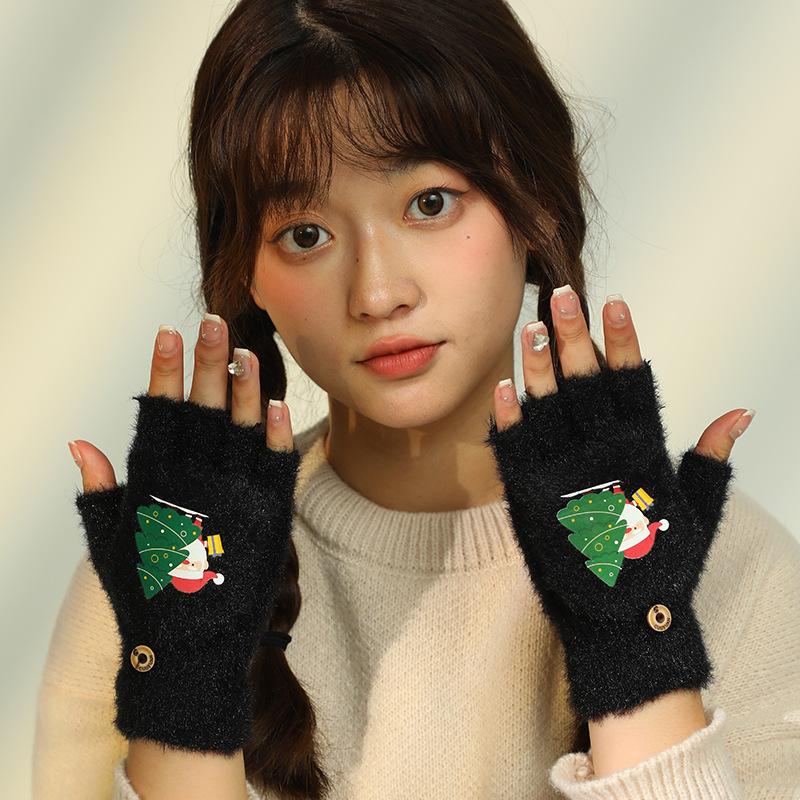 Зимние новые милые мультяшные плюшевые теплые откидные перчатки без пальцев для девочек-студенток, пишущие холодостойкие перчатки с половиной пальцев на Рождество