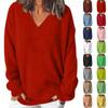 Women's Fashion Casual Solid Color Knit V-Neck Long Sleeve Pullover Top Trendy Cute Sweatshirt