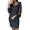 Party Women Glitter V Neck Hollow Out Tassel Long Sleeve Bodycon Mini Dress Gown