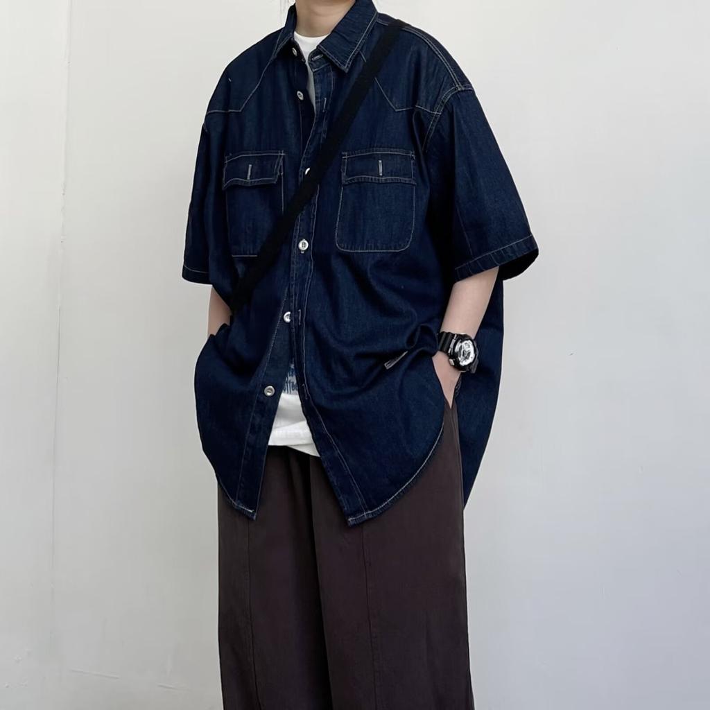 Японский ретро модный бренд летняя свободная джинсовая рубашка с короткими рукавами художественная молодежная рабочая рубашка мужская и женская многослойная куртка