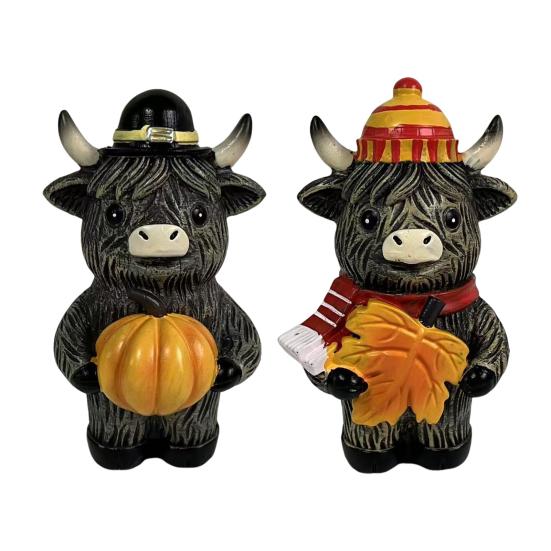 Хэллоуинская фигурка горной коровы из смолы, украшение, символ шотландской культуры, ручная работа, статуэтка коровы с тыквой и кленовым листом