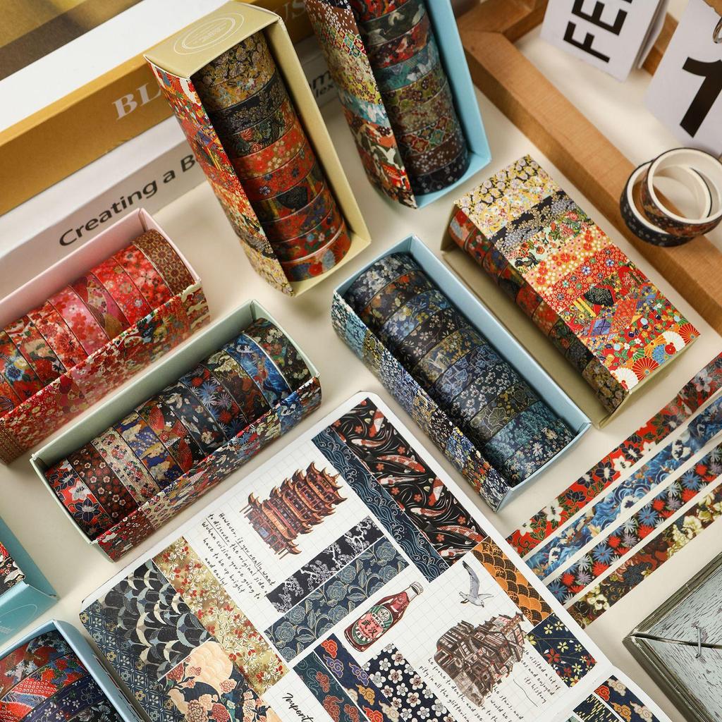 10 Rolls Kyoto Ukiyo-e Washi Tape Set Japanese Traditional Art Retro Wave Floral Pattern Masking Tape for Diary Album