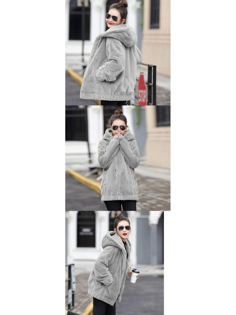 Женская фланелевая куртка средней длины с капюшоном - Корейский стиль, Свободный крой, Плюшевая, Теплая, С длинным рукавом