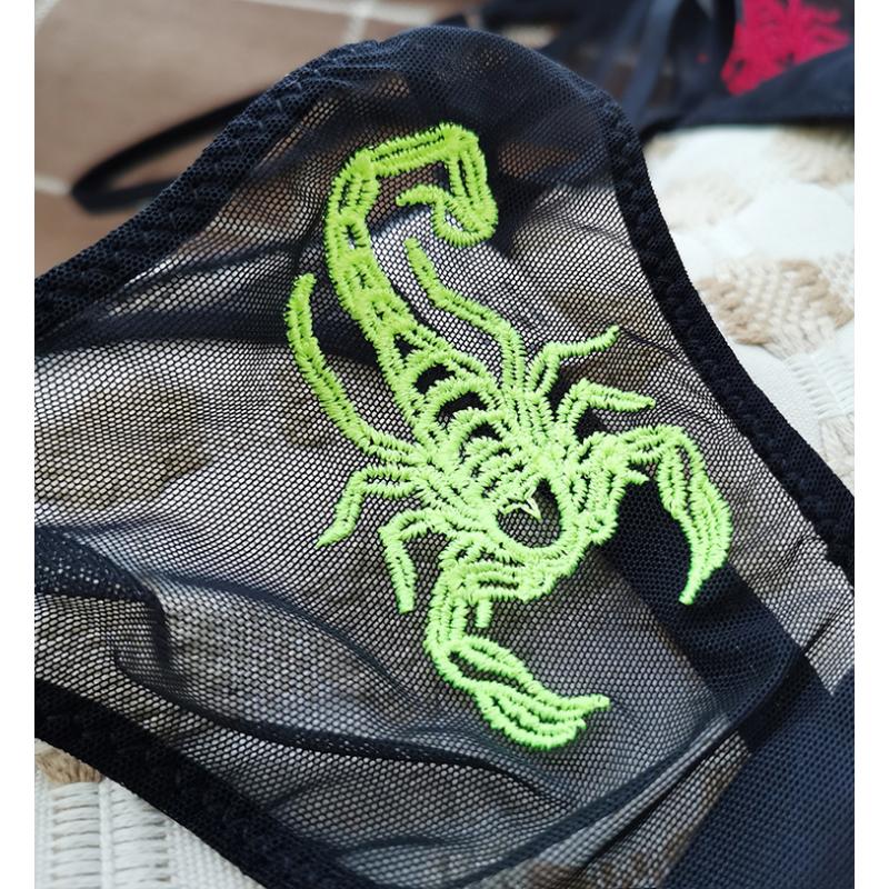 Perspective Mesh with Delicate Cool Scorpion Embroidery Ribbon Thong