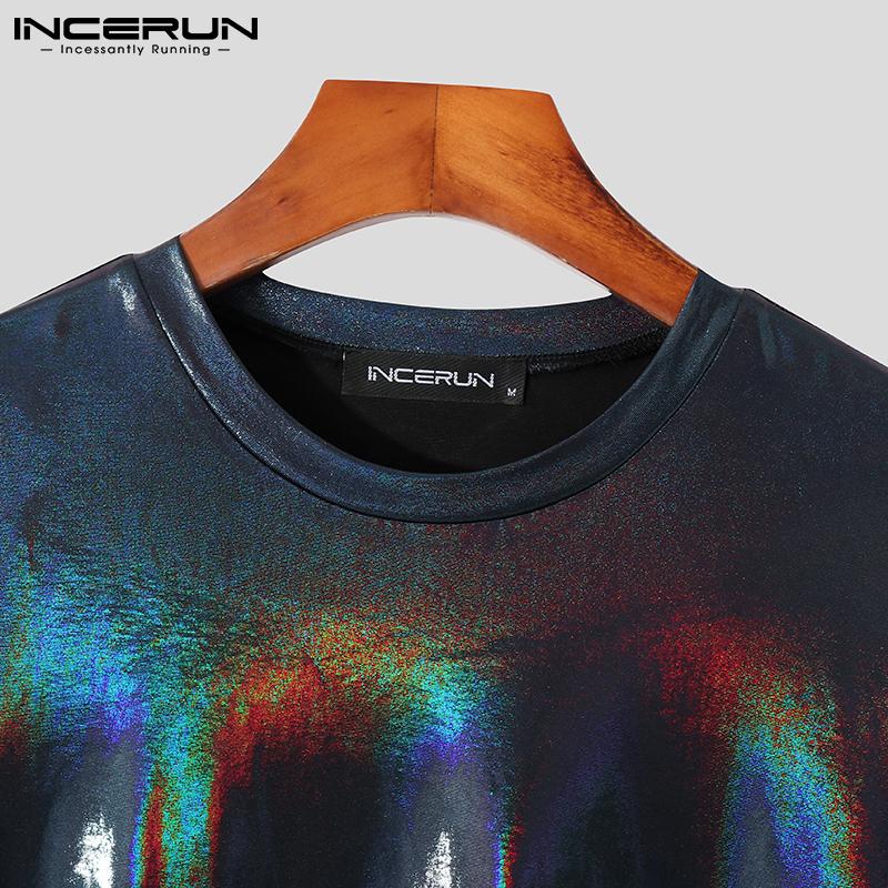 INCERUN S-5XL Мужская мода с коротким рукавом и круглым вырезом, двухцветные футболки, кожаные летние вечерние тонкие повседневные топы