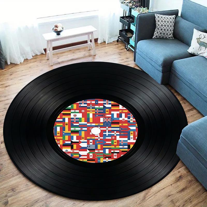 Record Texture Flag Magic Round Area Rug,Carpet Rug for Living Room Bedroom Sofa Playroom Decor,Non-slip Floor Mat