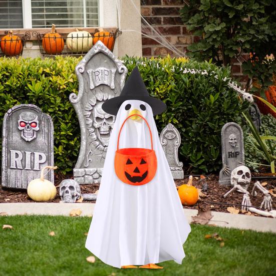 Костюм Призрачного Гуся Хэллоуин Одежда для Гуся на Крыльцо со Шляпой Ведьмы и Ведром-Тыквой для 23" Статуи Гуся Наружное Украшение для Патио Двора Газона