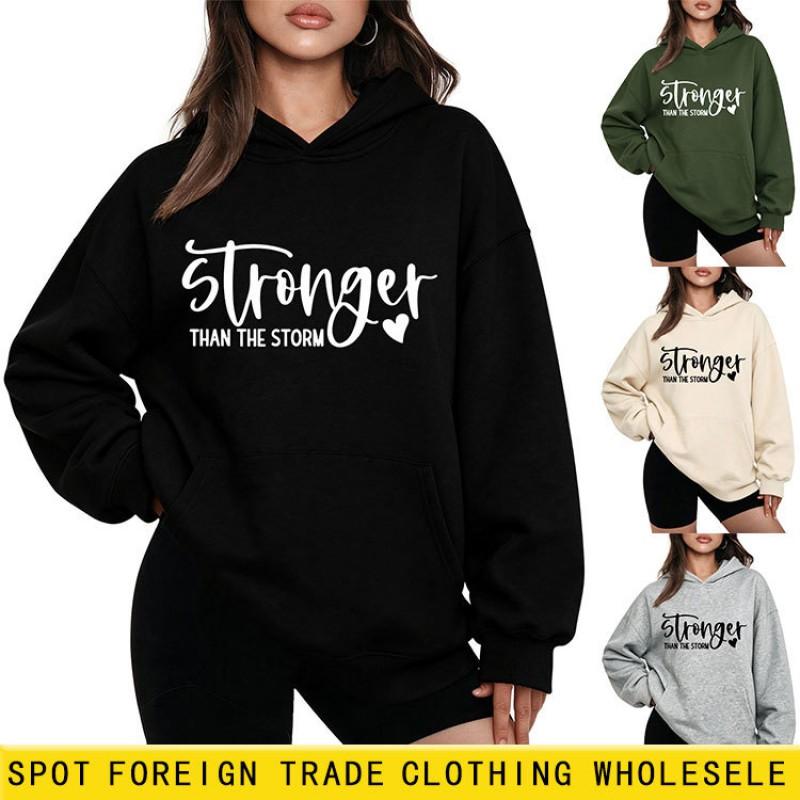 Stronger Than Ever Womens Heavyweight Hooded Sweatshirt Casual Printed Loose Fit Winter Top