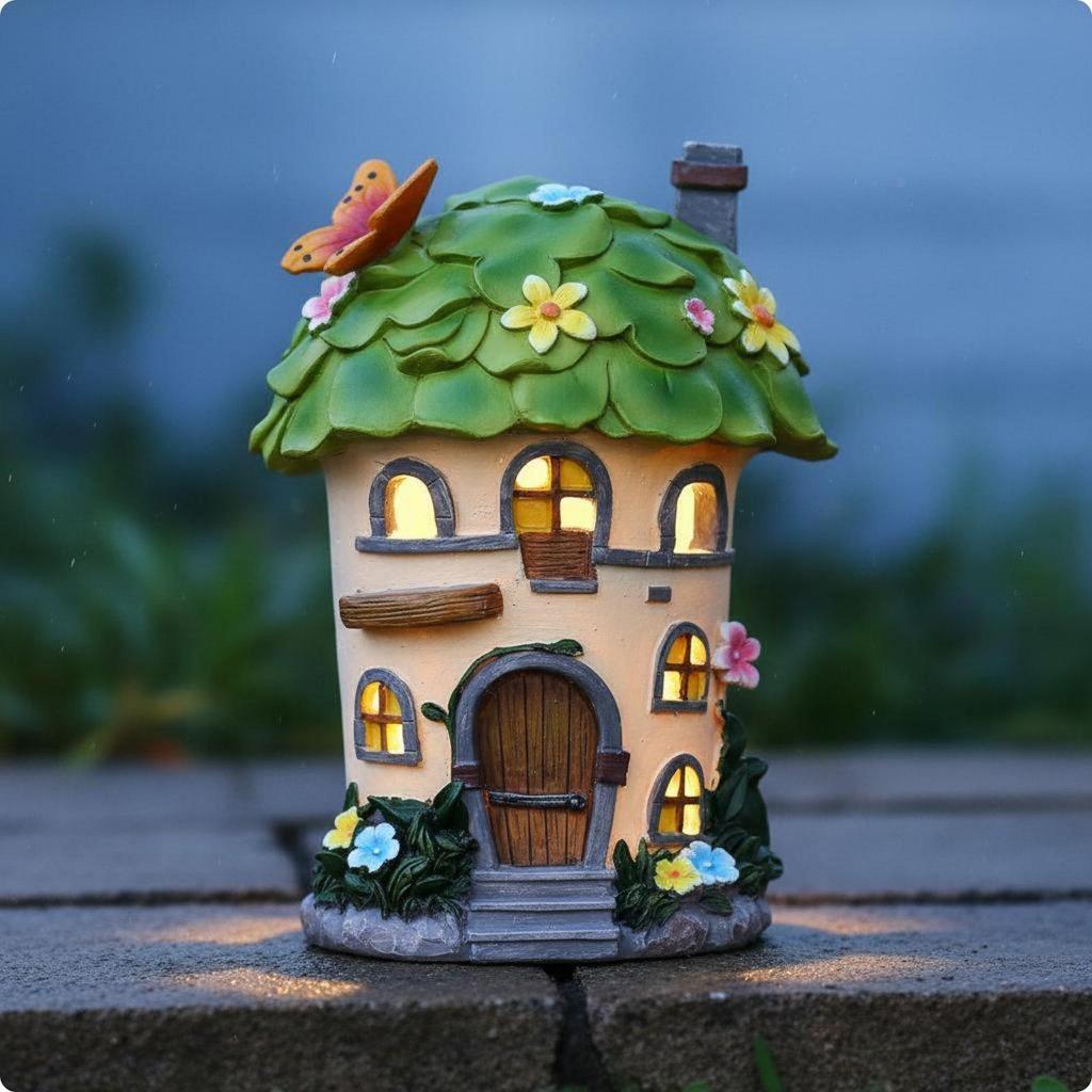 Storybook Shelter LED Solar Resin Cottage Sculpture for Garden, Yard, Patio