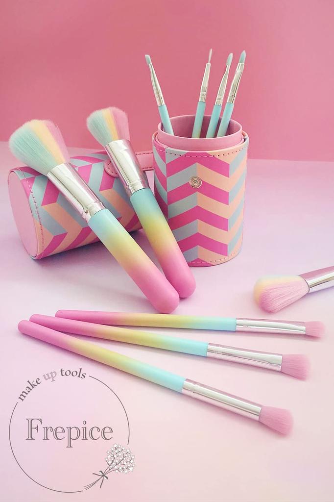 Кисти для макияжа Frepice с зеркалом для хранения пудры, теней и румян (Набор из 10 предметов) Щетка, Щетка, Щетка, Футляр, Очиститель, (Розовый лимон)